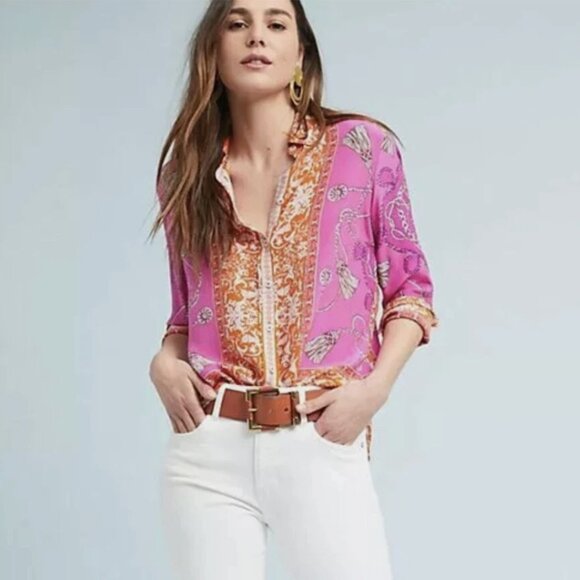 Anthropologie Maeve Silk Print Button-Down Blouse, Size 0 - Picture 2 of 7